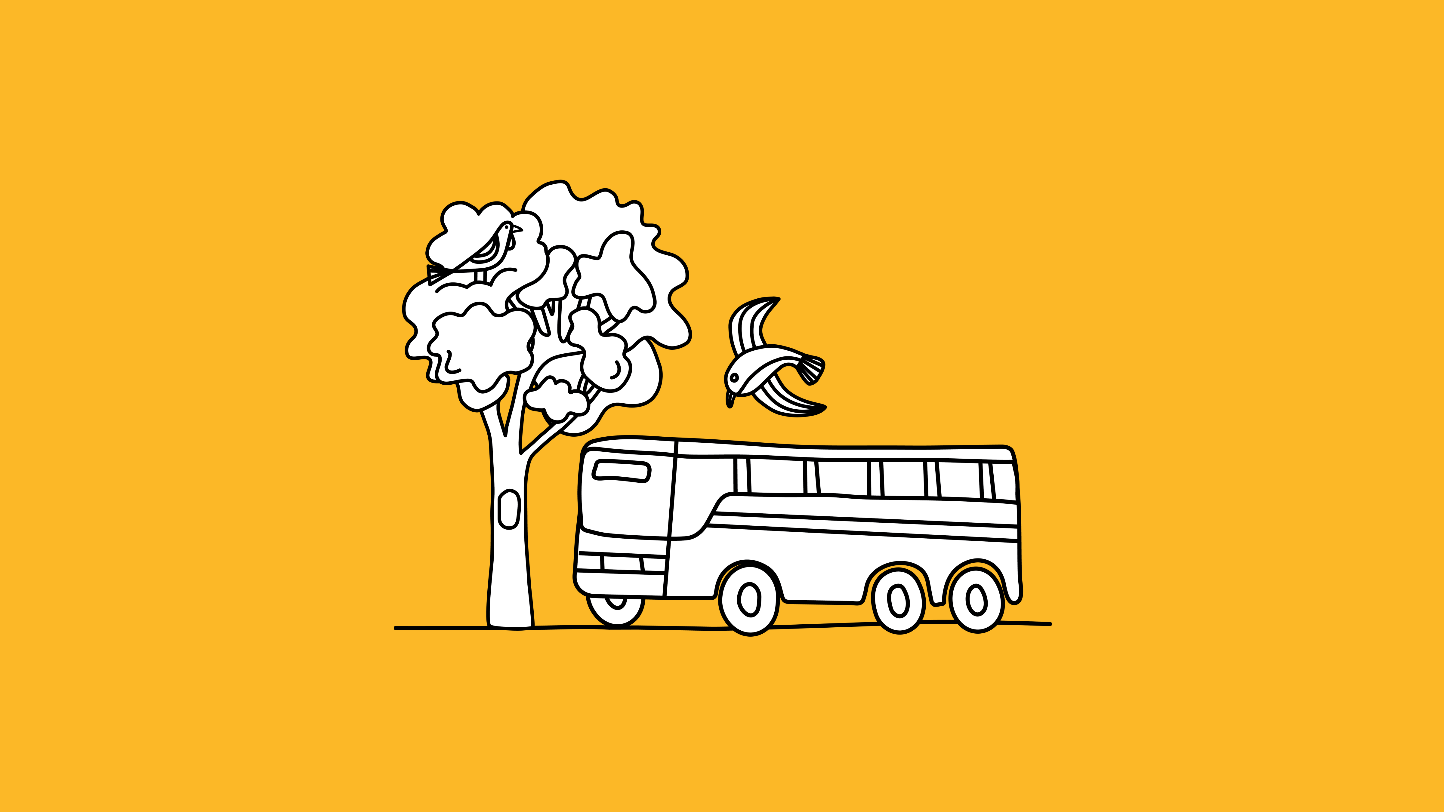 Illustration of a bus with birds above it