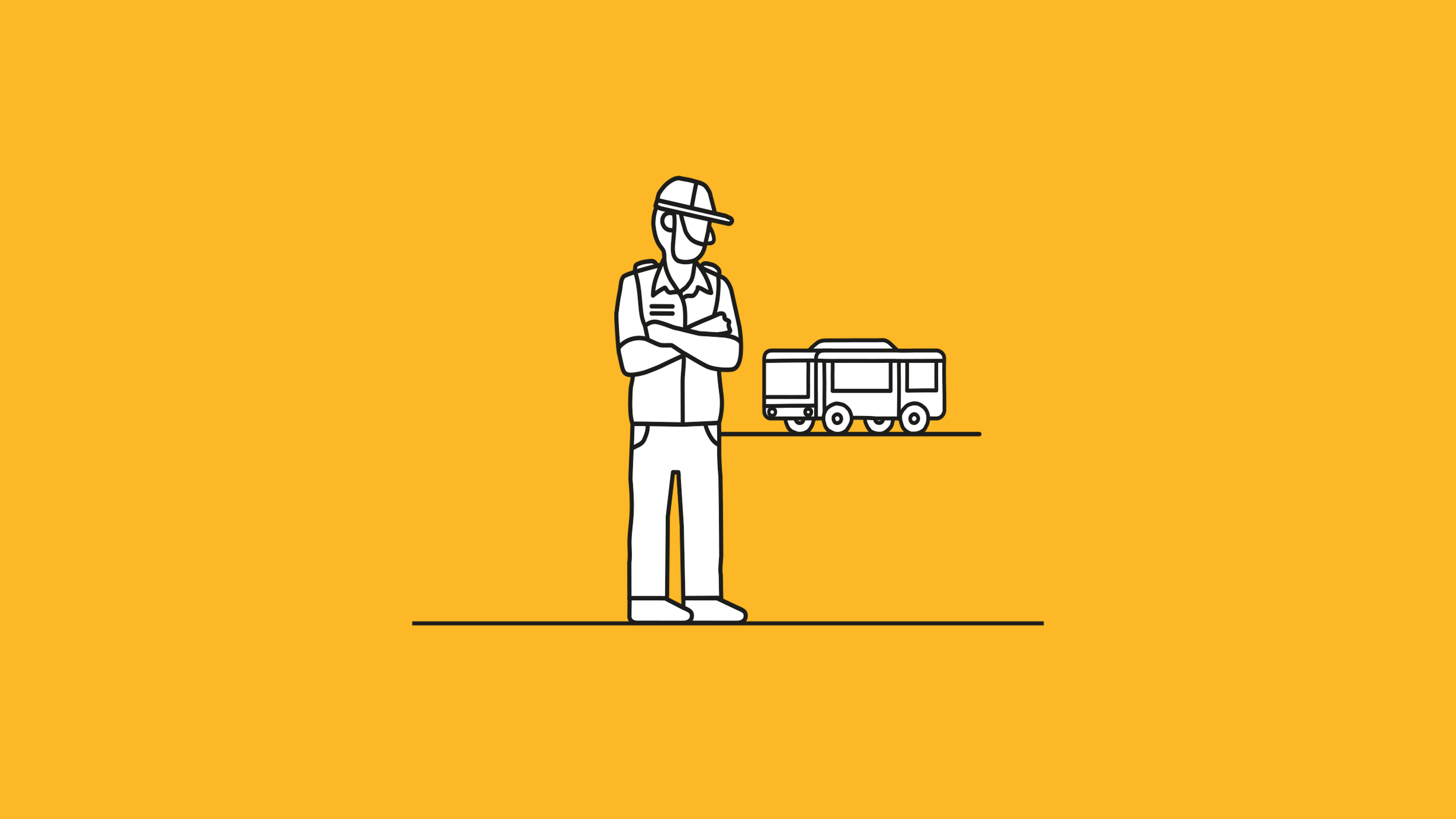 Illustration of a driver standing in front of a bus