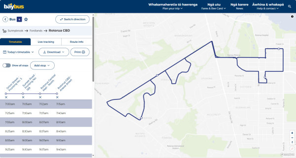 Rotorua timetable example screenshot