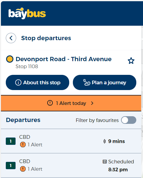 Screenshot of stop info with alert