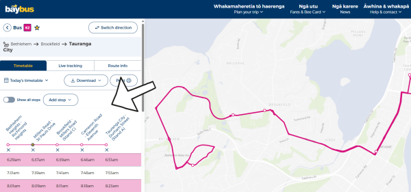 Screenshot of arrow pointing to stops on timetables